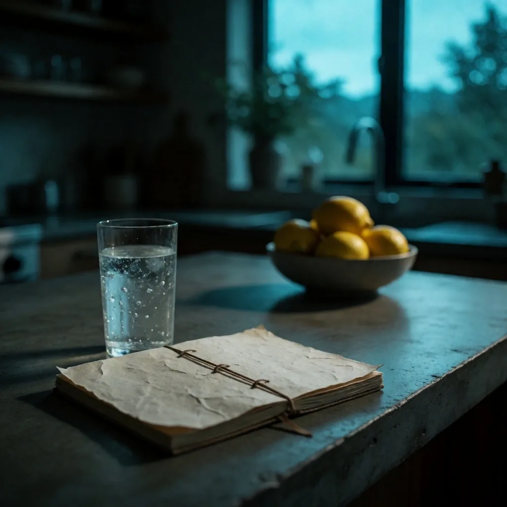 Szklanka wody i notatnik na kuchennym blacie w przygaszonym świetle
