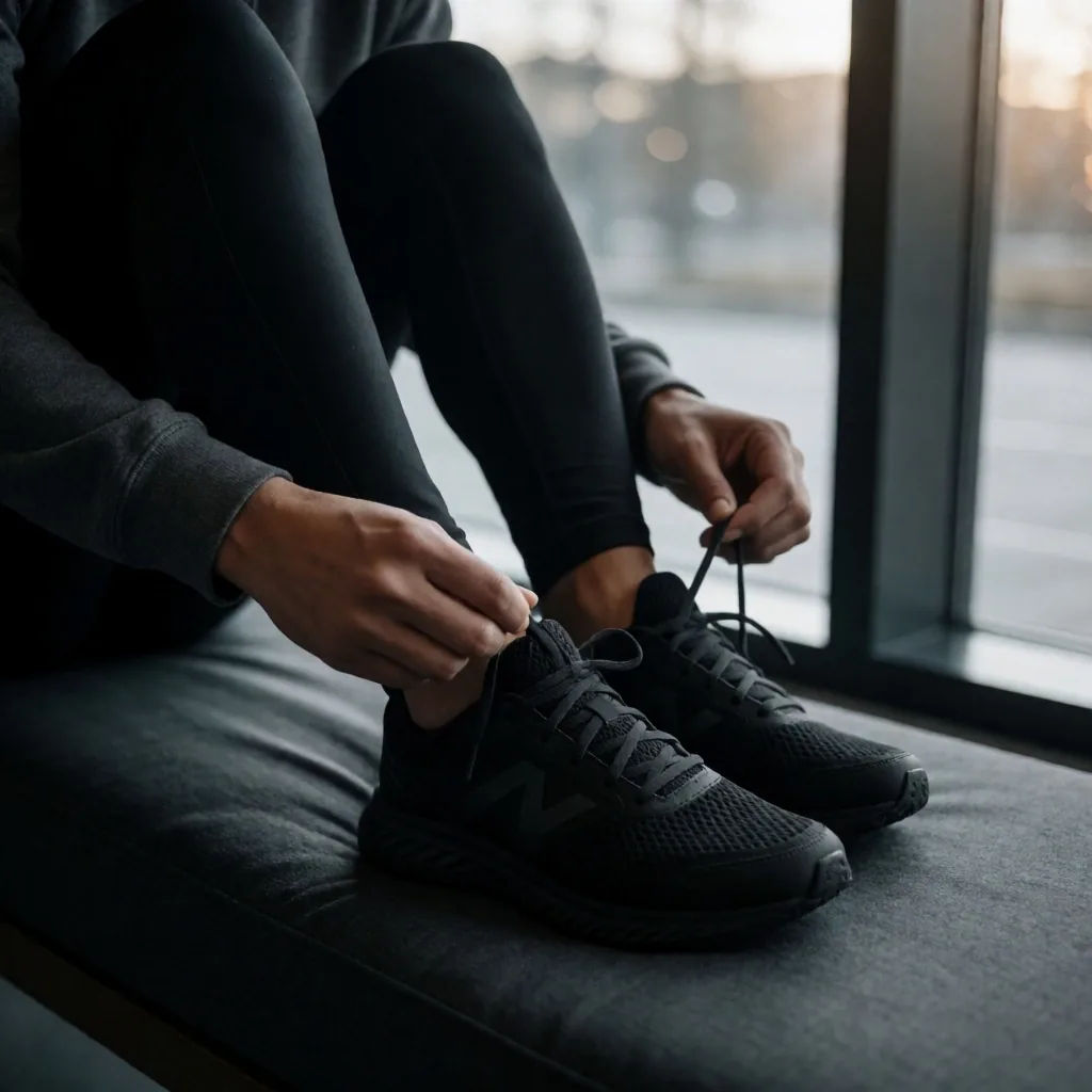 Osoba wiążąca buty sportowe przy oknie