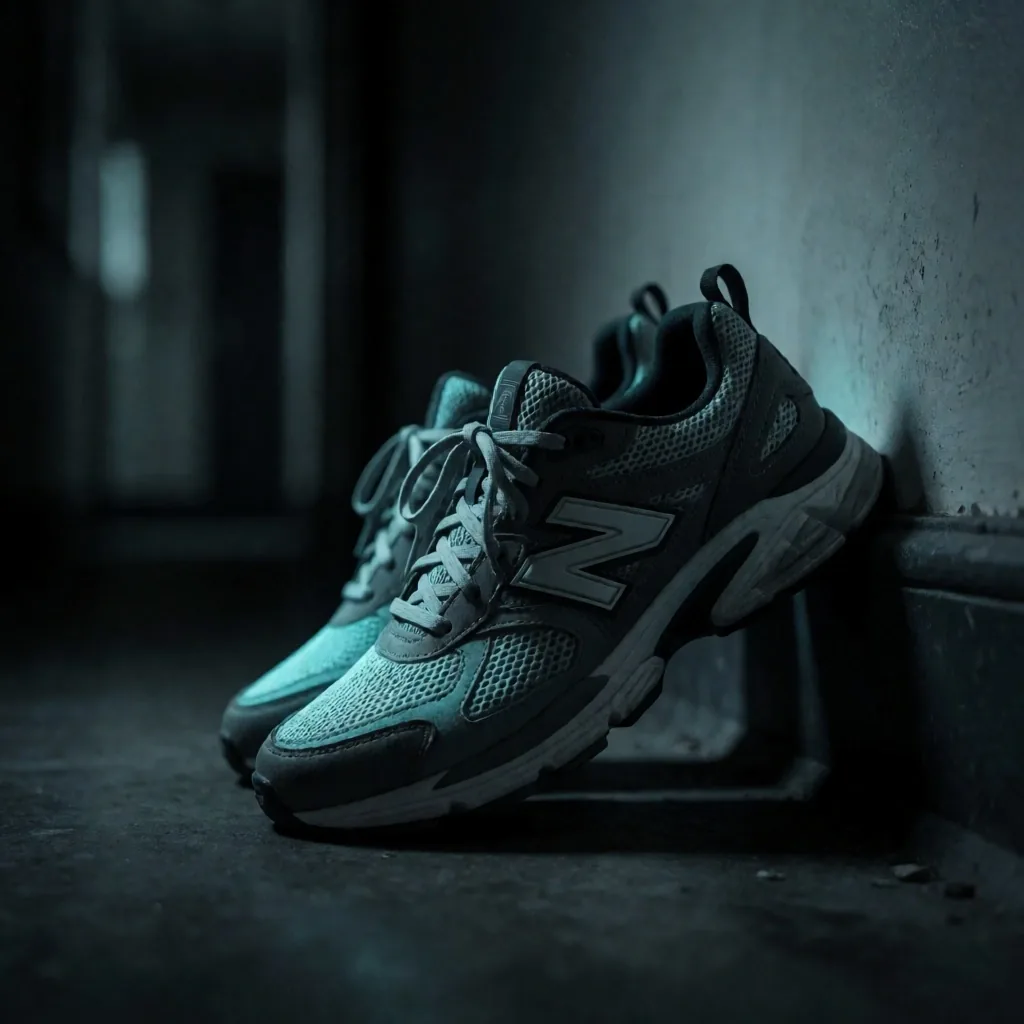 Buty sportowe ułożone przy drzwiach w przyciemnionym korytarzu