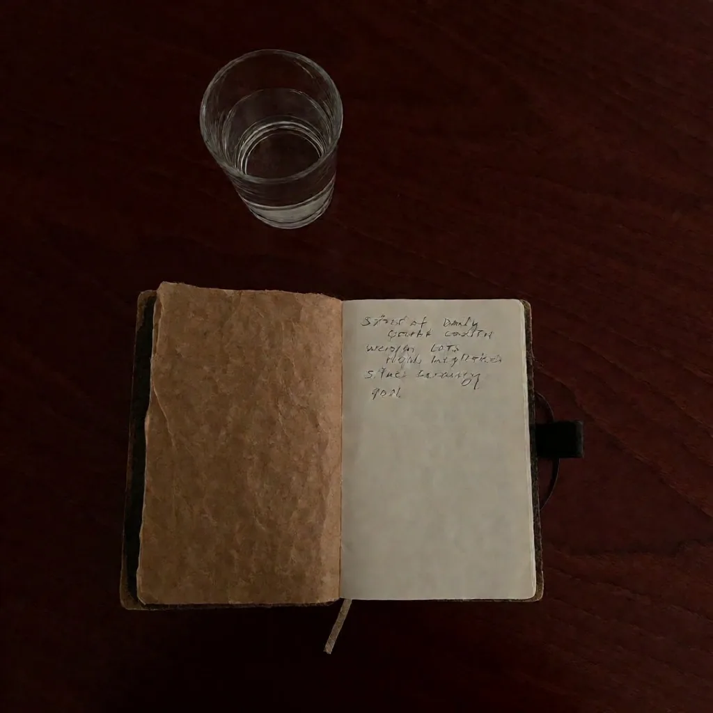 Notes z tygodniowym trackerem nawyków na ciemnym biurku w wieczornym świetle