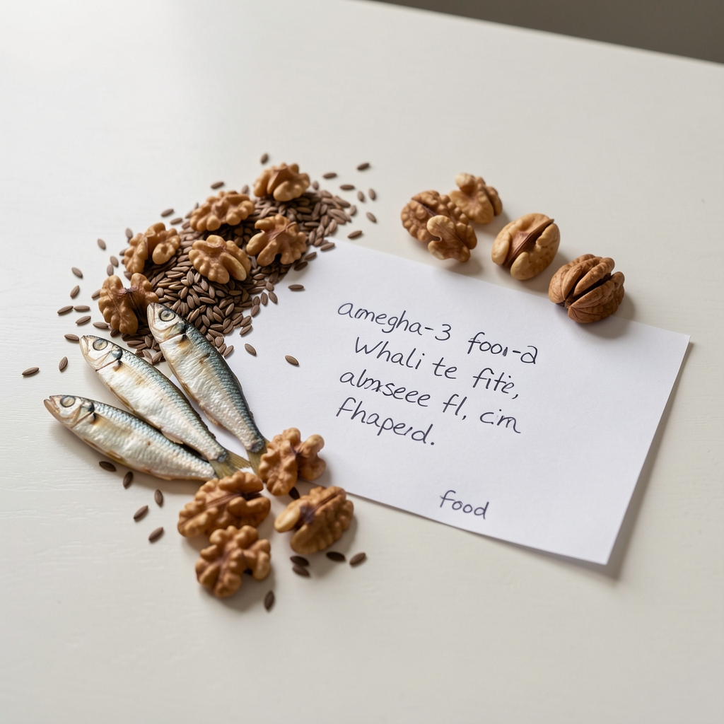 Sardines walnuts flaxseed and a handwritten omega-3 food note on a clean table
