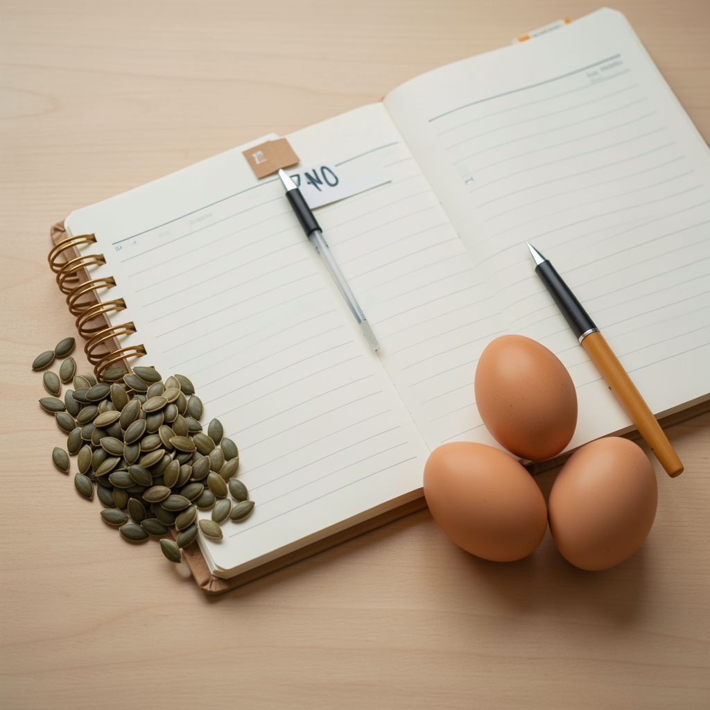 Pumpkin seeds legumes eggs and a zinc label arranged beside a food journal