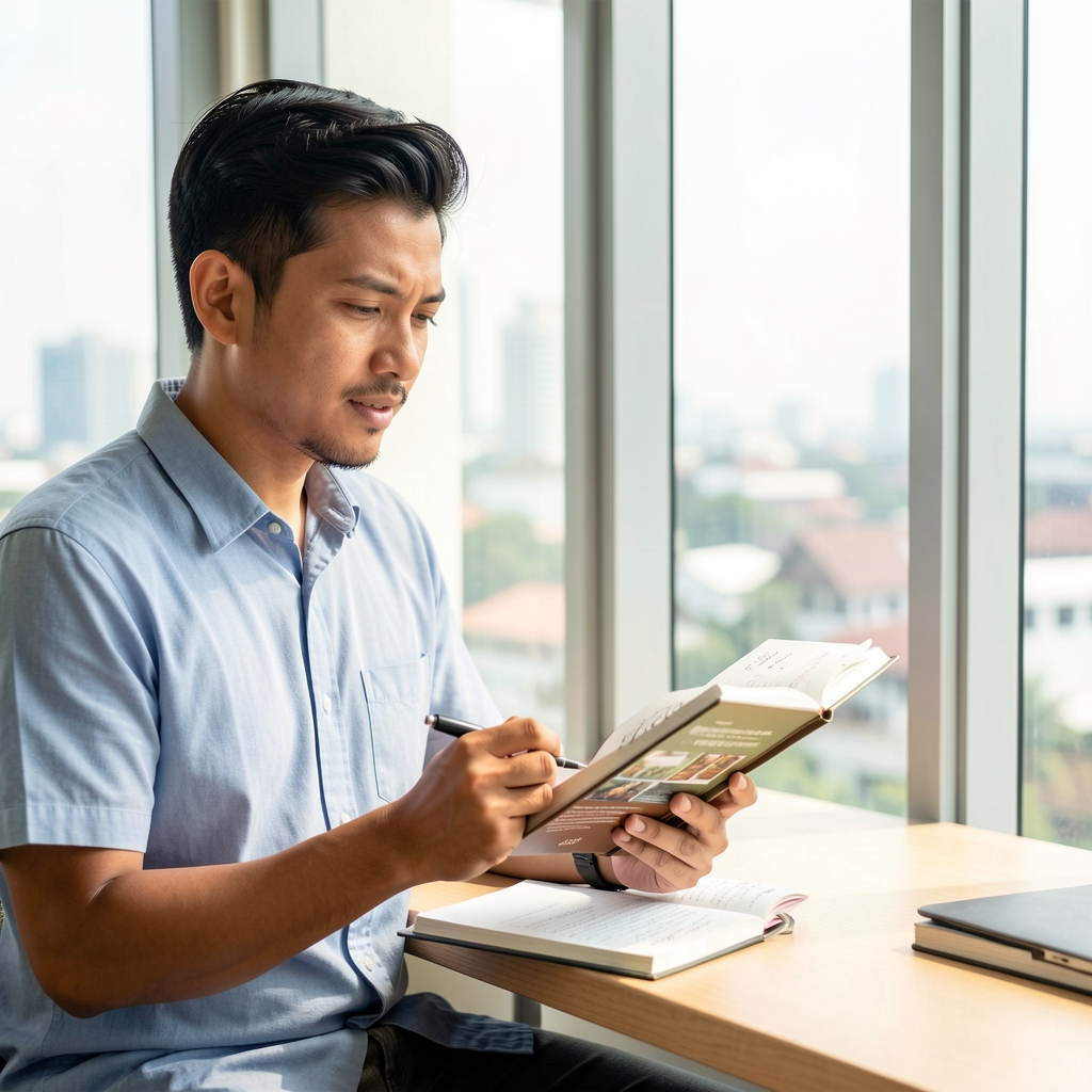 Active Indonesian man reviewing a morning nutrition journal beside a bright Jakarta window