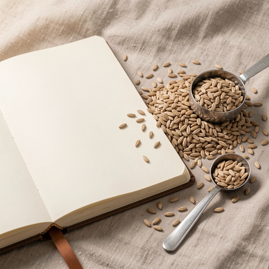 Open editorial methodology notebook beside whole grains seeds and a measuring spoon on linen